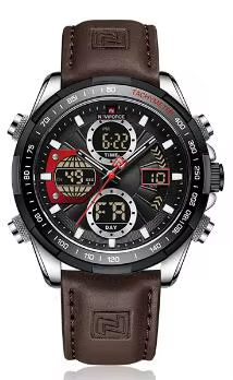 Men's Quartz Watch Leather Strap Dual Display Chronograph Luminous Wristwatch